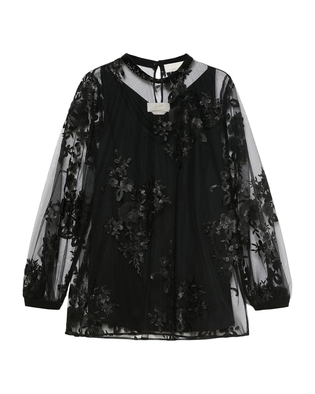 Marina Rinaldi Black Embellished Sheer Layered Blouse