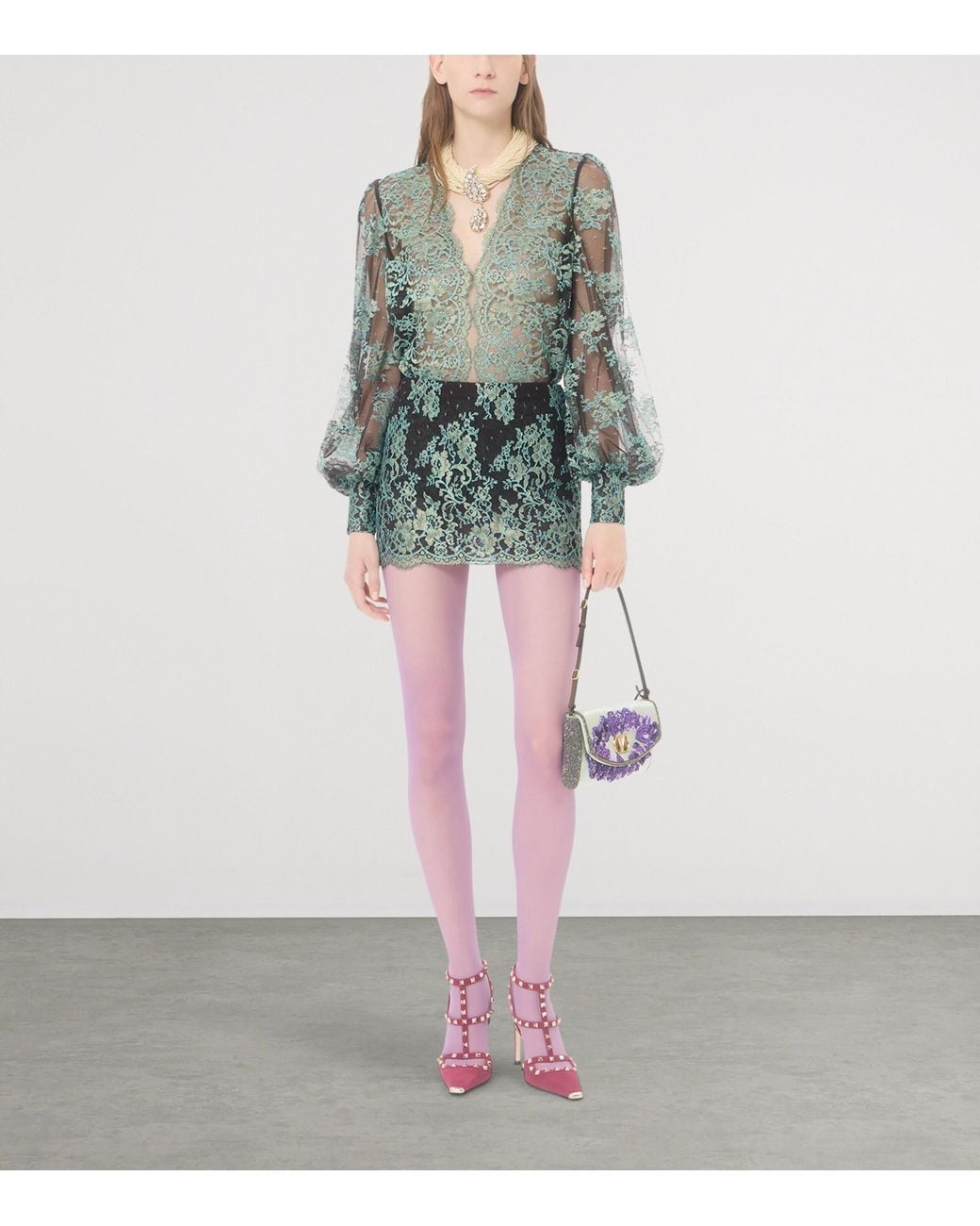 Valentino Green Lace Long-Sleeve Blouse