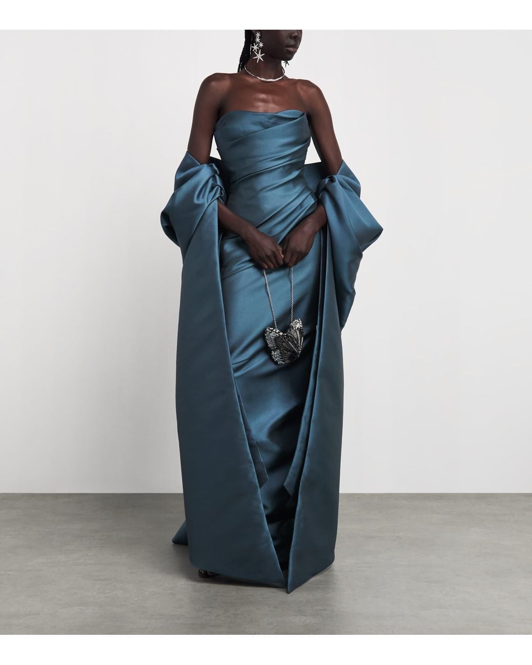 Marmar Halim Blue Satin Cape Column Gown