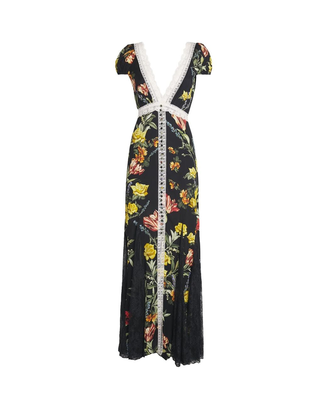 Alice + Olivia Multicolor Satin-Lace Floral Rose Maxi Dress
