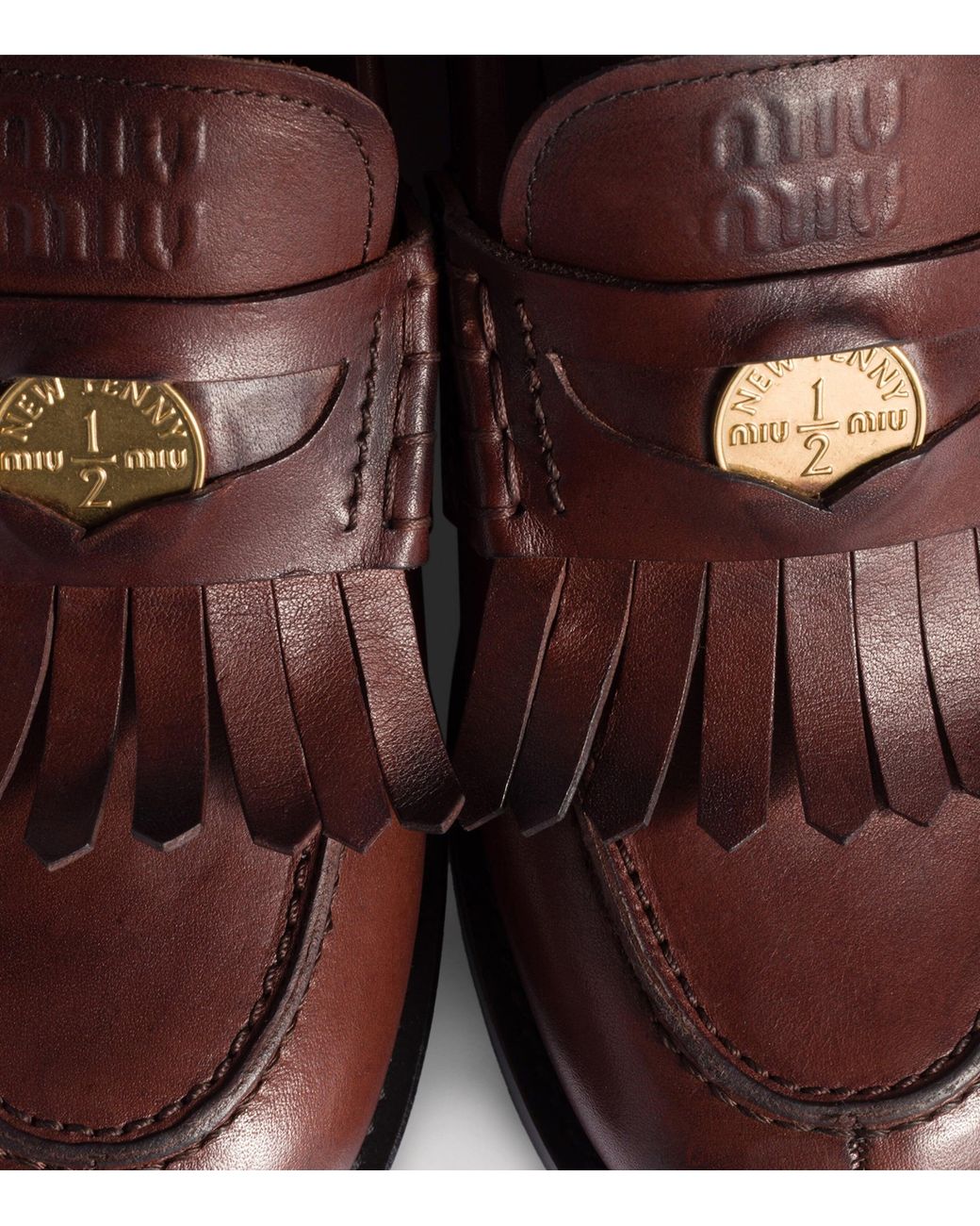 Miu Miu Brown Leather Coin Penny Loafers
