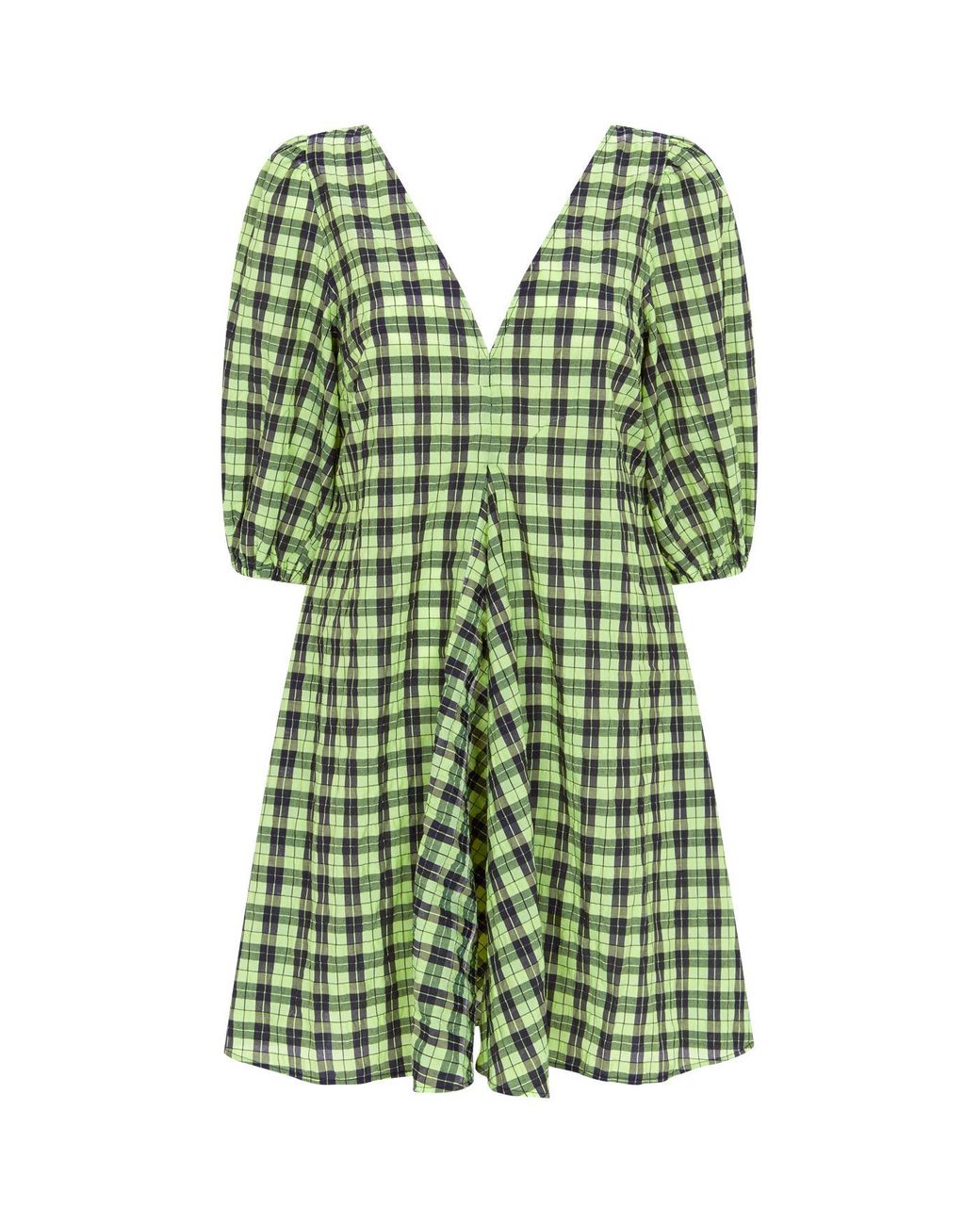 Ganni Checked Cotton-blend Seersucker Mini Dress in Green | Lyst UK