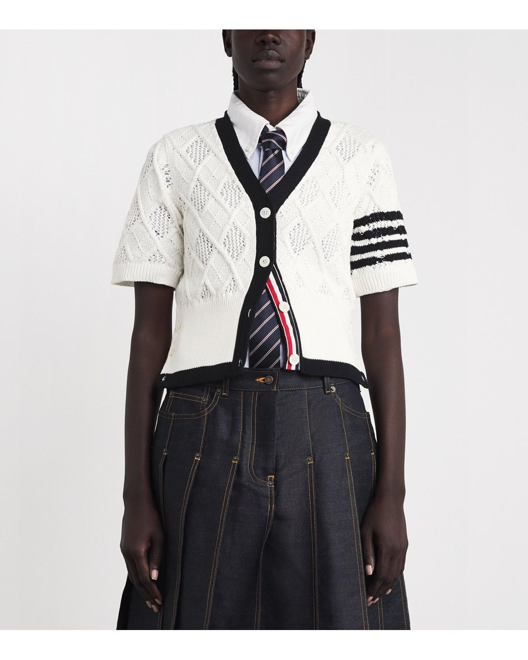 Thom Browne White Argyle Pointelle Knit Cardigan