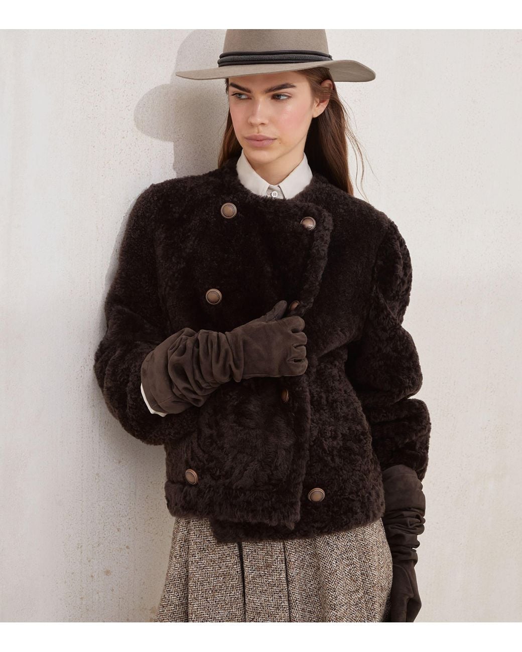 Brunello Cucinelli Black Shearling-Leather Reversible Pea Coat