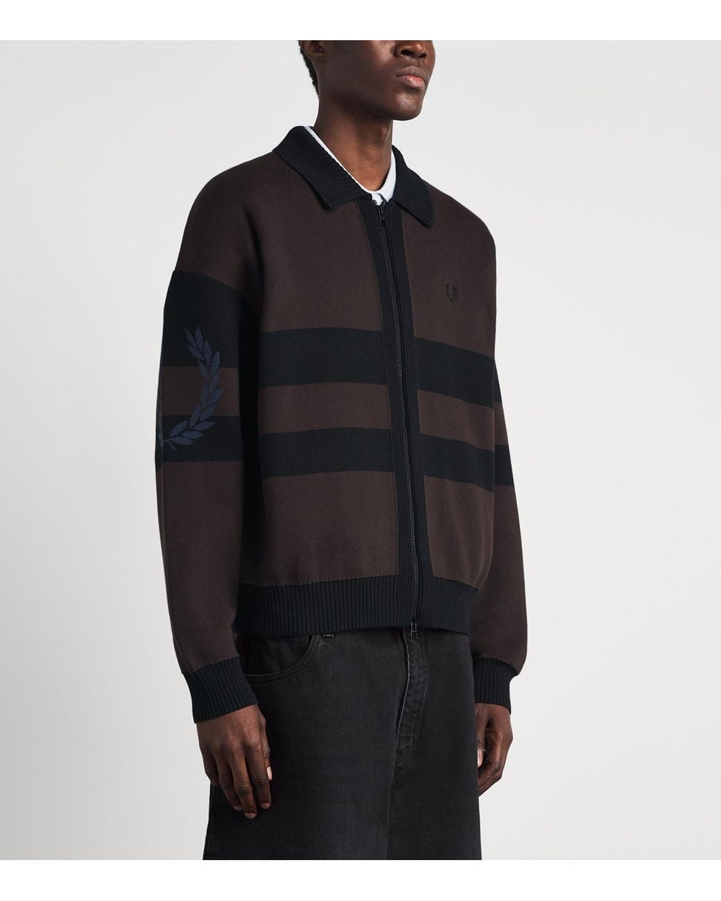 Fred Perry Black Cotton Stripe Zip-Up Cardigan for men