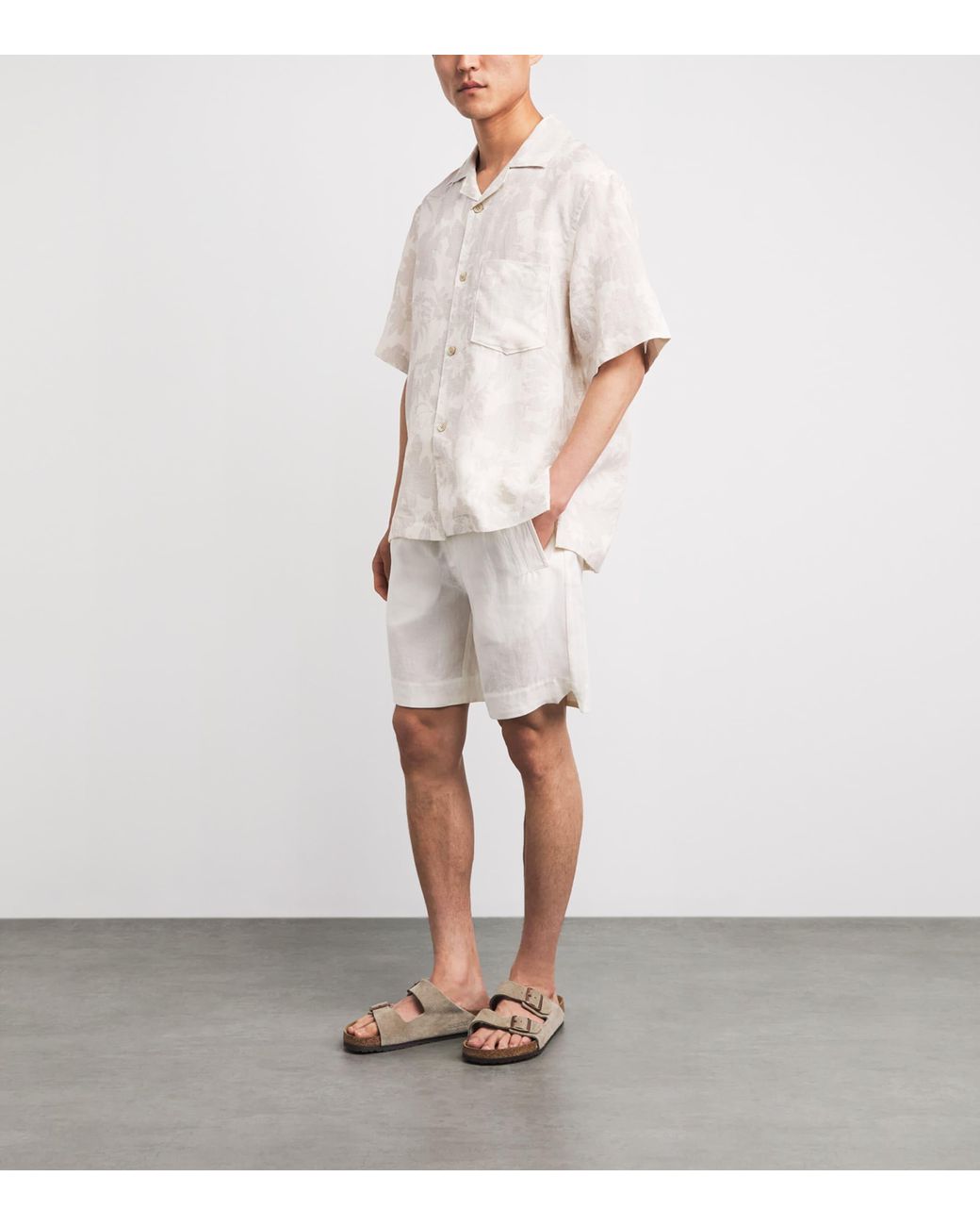 Eleventy White Linen Printed Bowling Overshirt for men