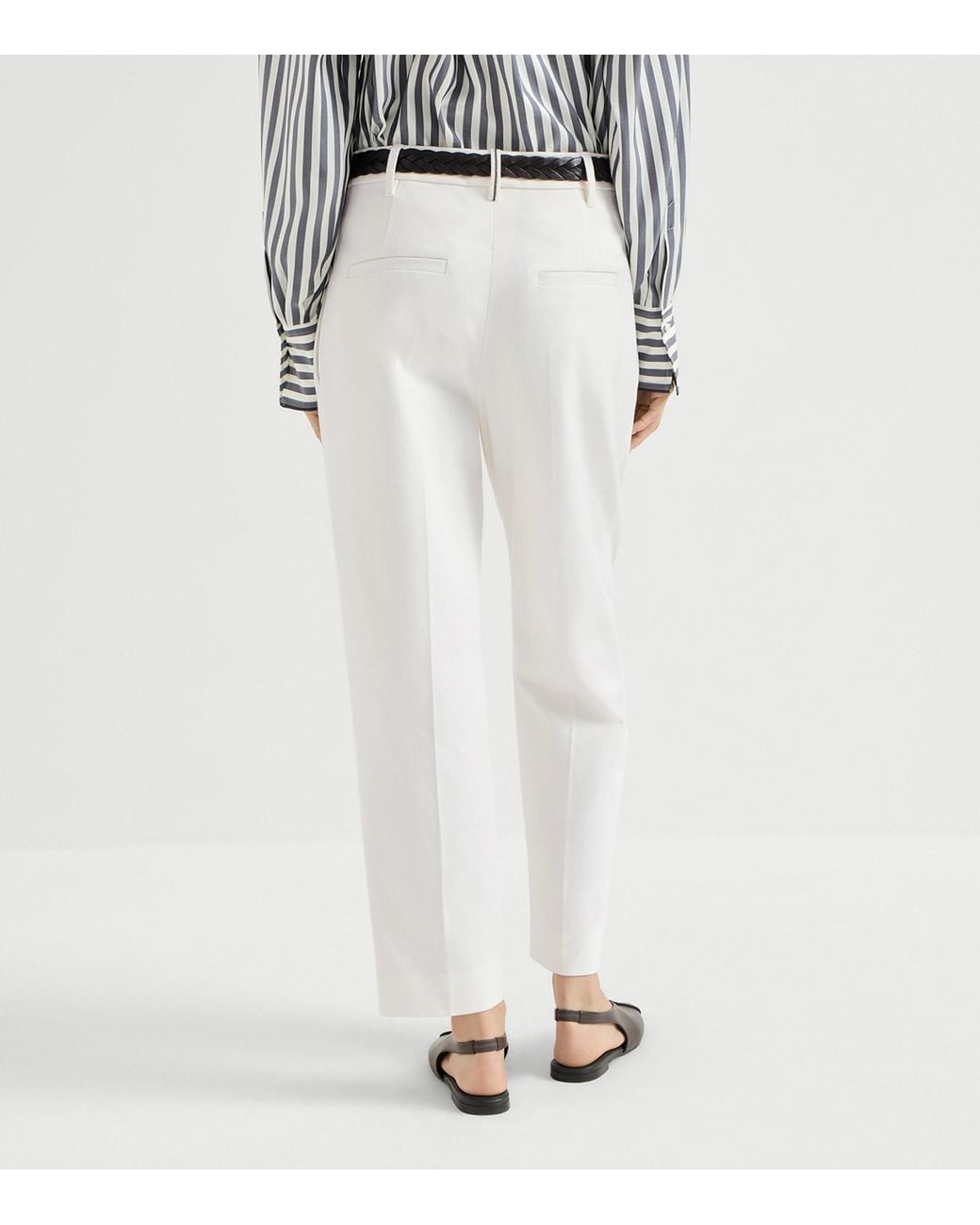 Brunello Cucinelli White Cotton Twill Pleated Trousers