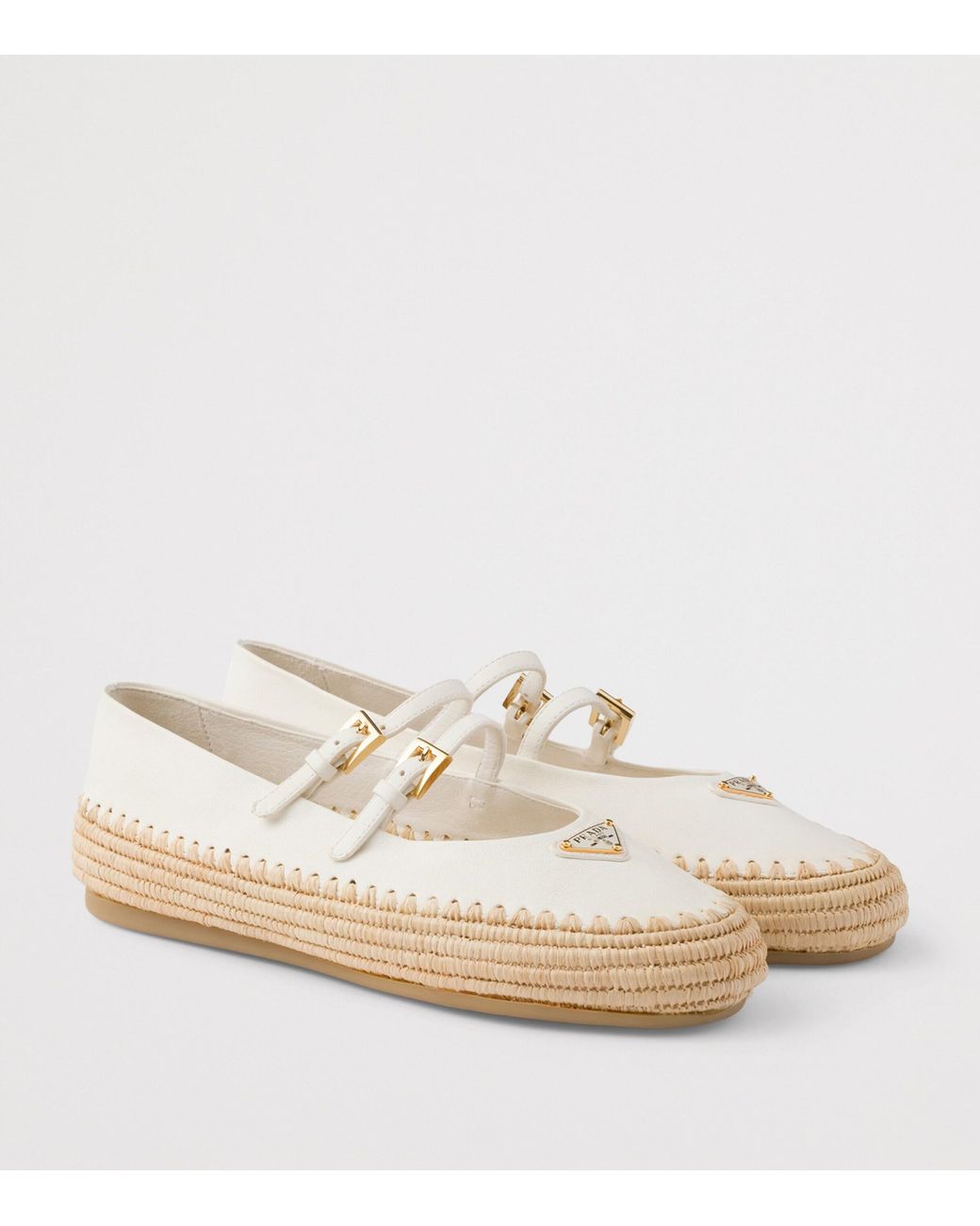 Prada Natural Leather And Raffia Ballet Flats