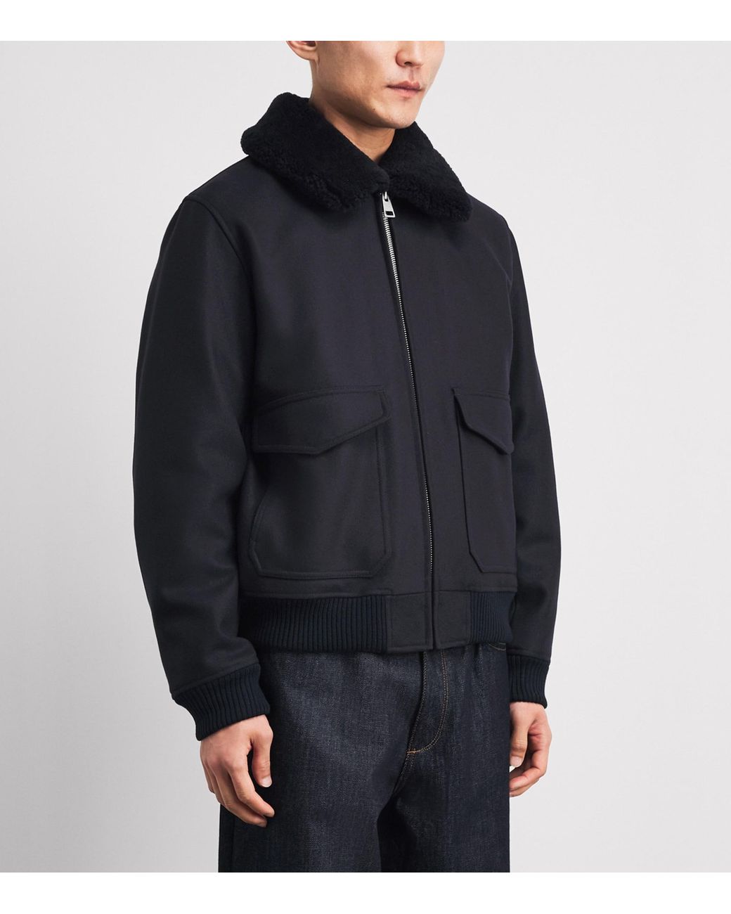 Sandro Black Wool-Blend Shearling Collar Aviator Jacket for men