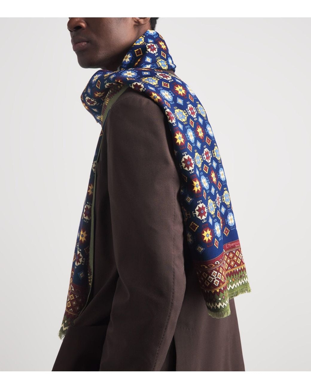 E.MARINELLA Blue Wool-Silk Geometric Print Scarf for men