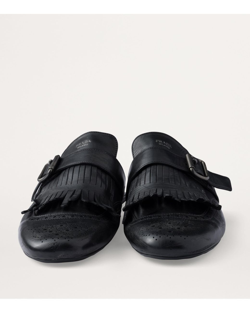 Prada Black Calf Leather Fringed Monk-Strap Mules for men