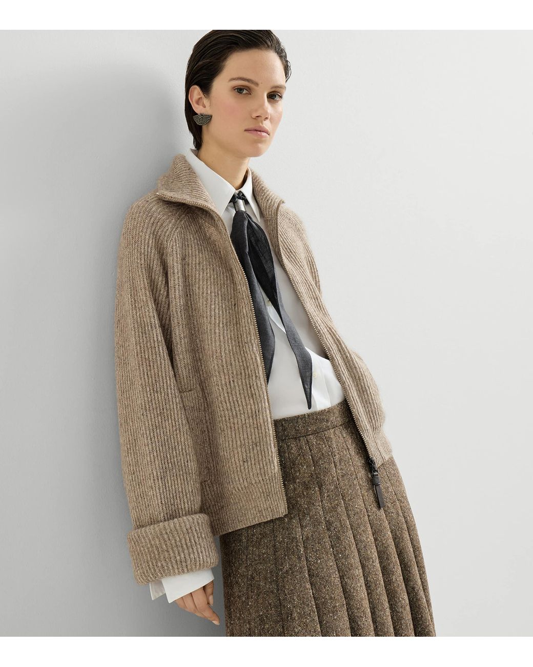 Brunello Cucinelli Natural Sparkling Rib-Knit Cardigan
