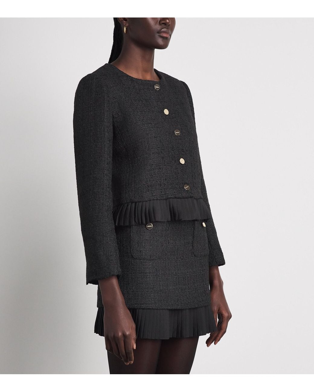Sandro Black Tweed Ruffle-Trim Jacket