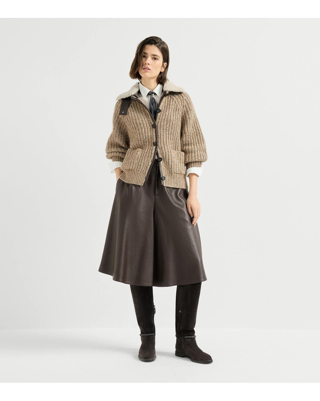 Brunello Cucinelli Brown Shearling-Trim Cardigan
