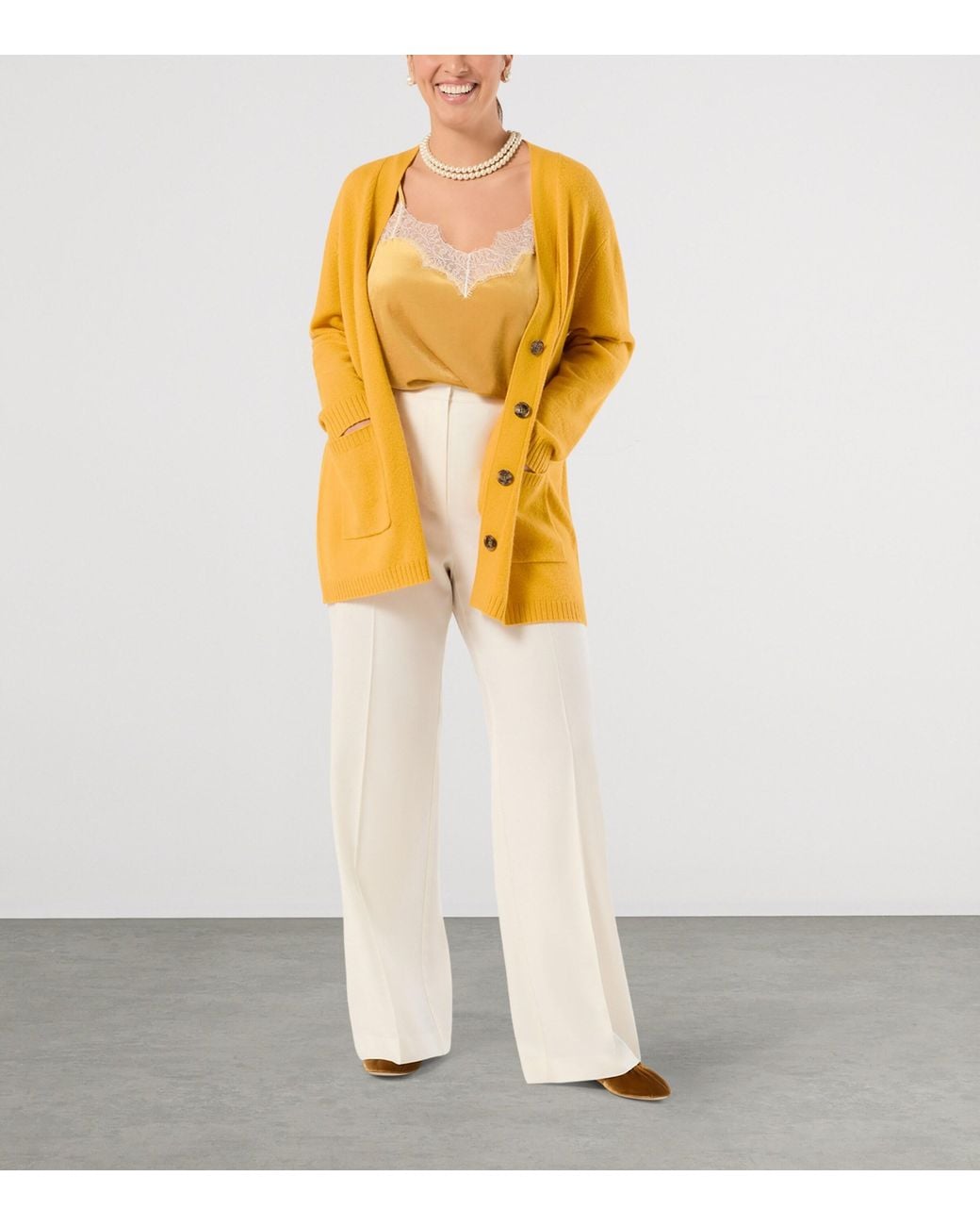 Marina Rinaldi Yellow Cashmere V-Neck Cardigan