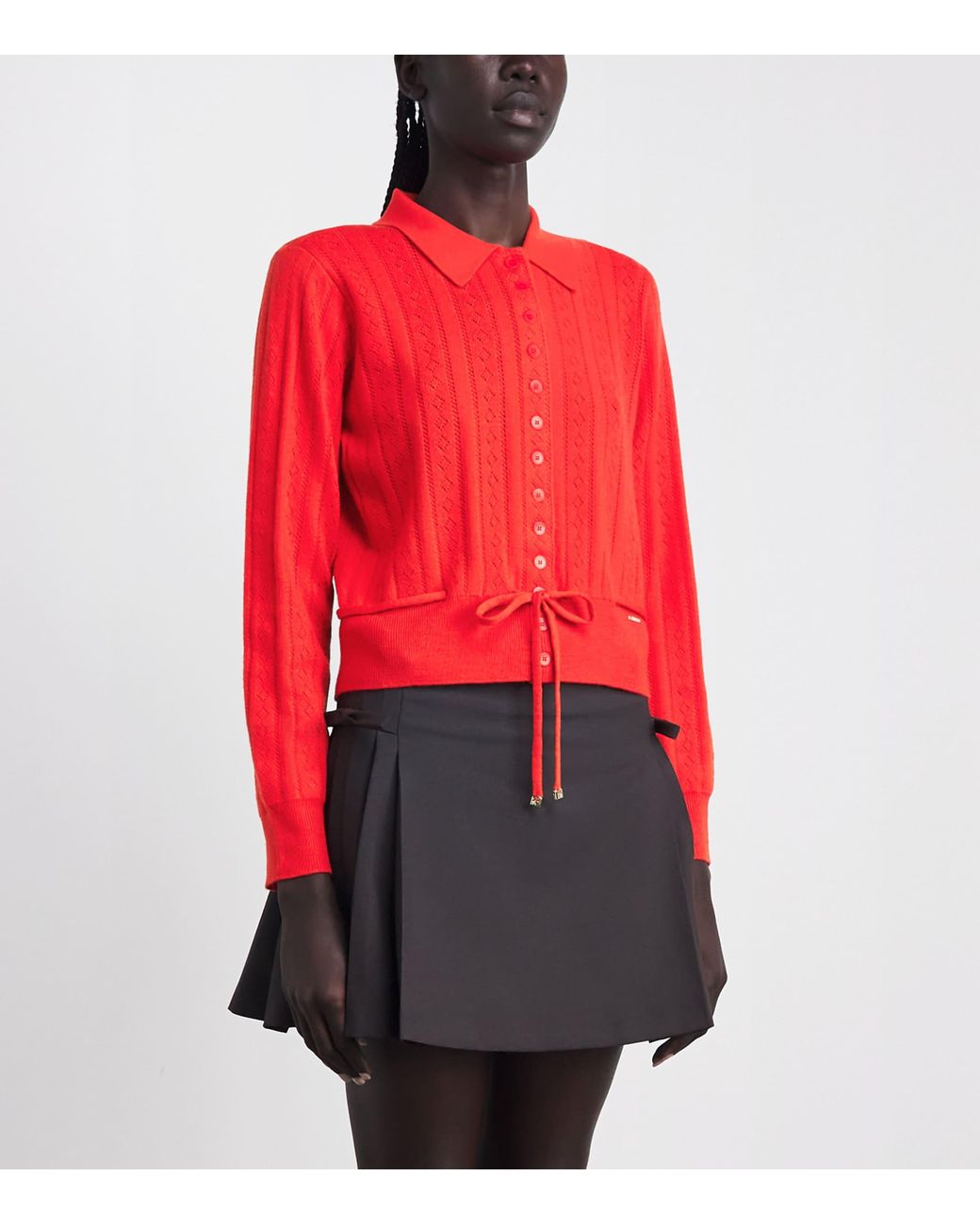 Sandro Red Wool-Blend Pointelle Knit Cardigan