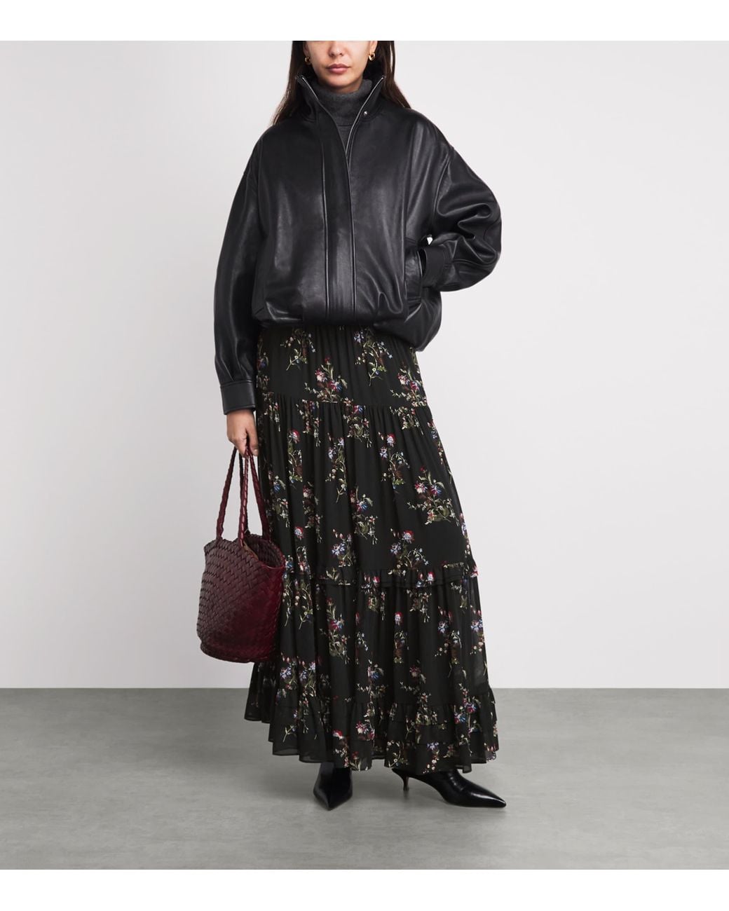 ME+EM Black Tiered Floral Maxi Skirt