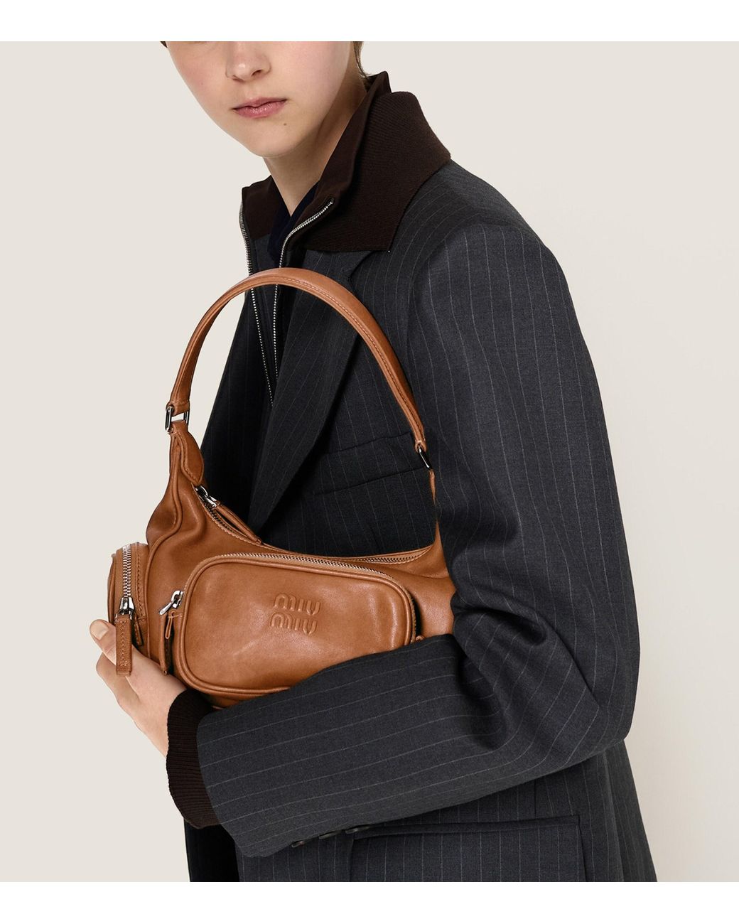 Miu Miu Brown Nappa Leather Pocket Top-Handle Bag