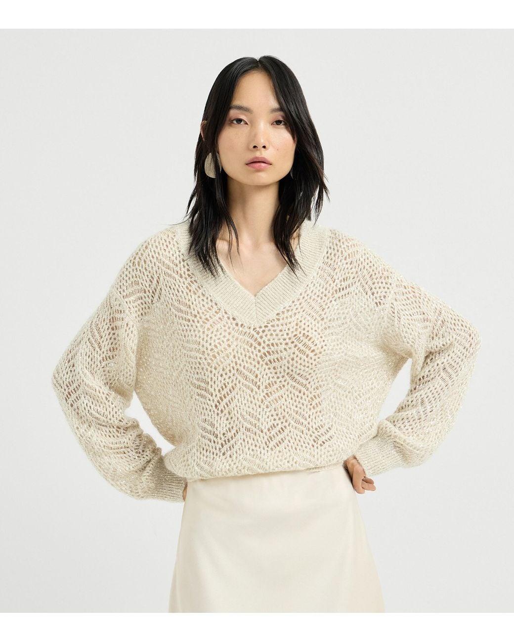 Brunello Cucinelli White Open-Work Embellished Sweater