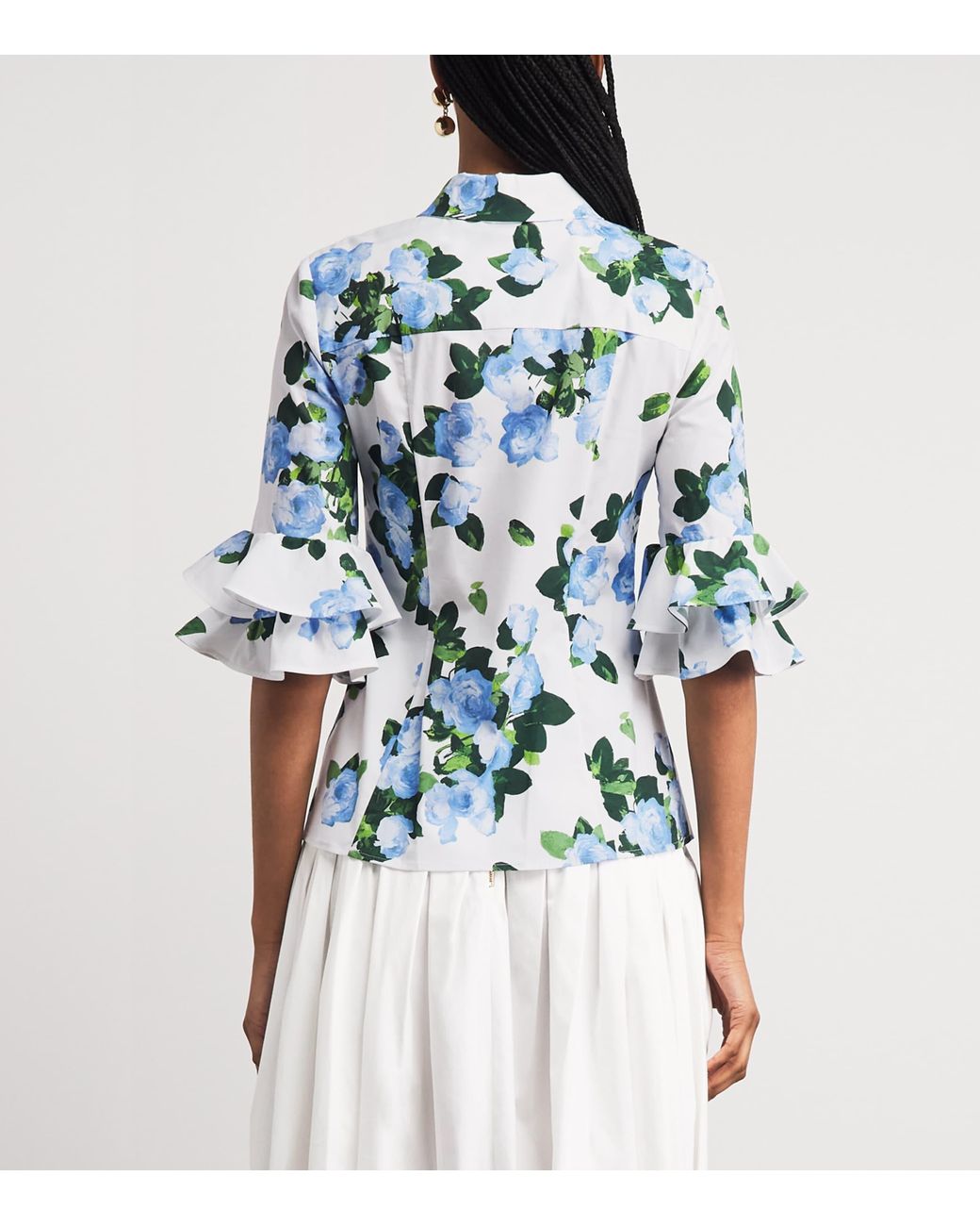 Carolina Herrera Blue Rose Print Ruffle-Sleeve Shirt