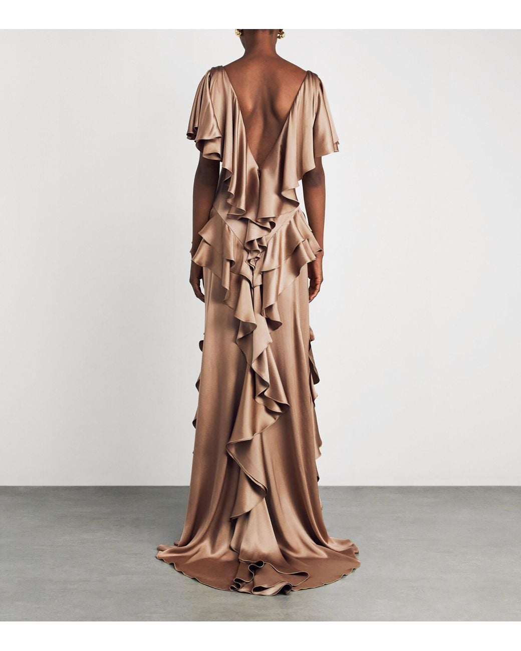 Gabriela Hearst Brown Silk Satin Ruffled Spiral Maxi Dress