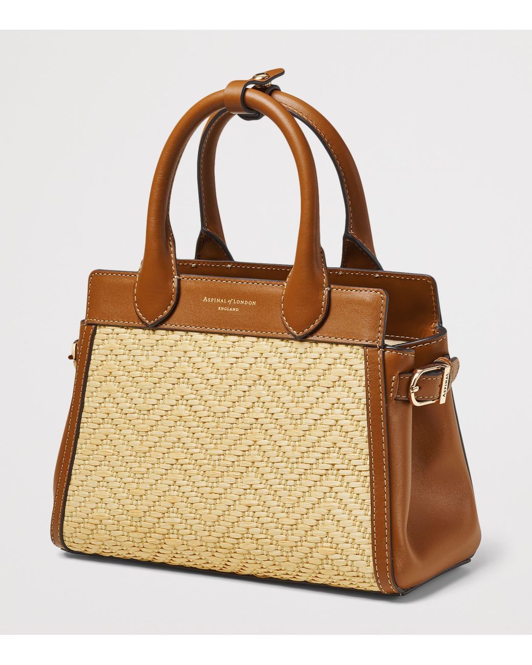 Aspinal Brown Mini Raffia-Leather Savannah Top-Handle Bag