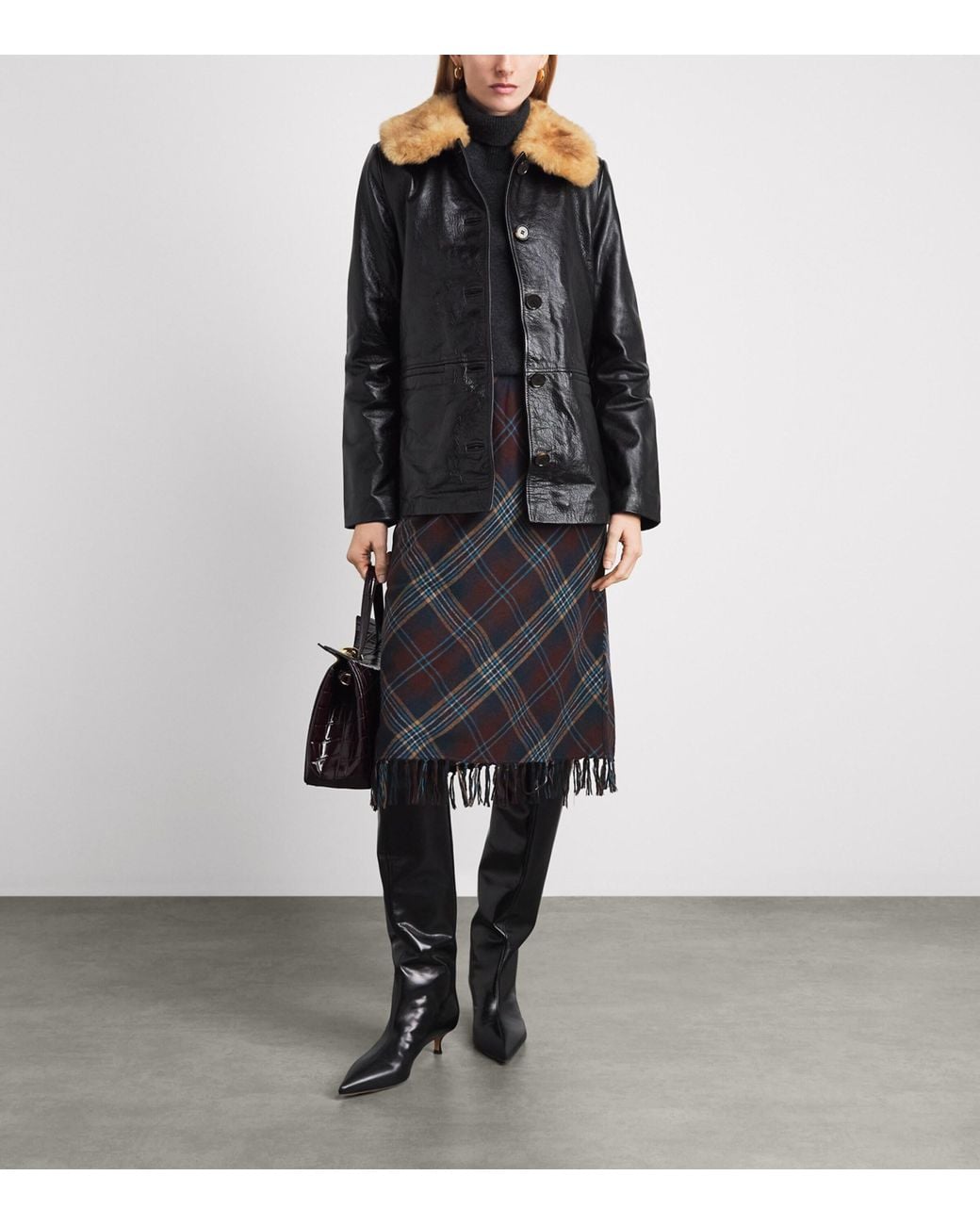 Doen Black Plaid Knotted-Fringe Elowette Midi Skirt