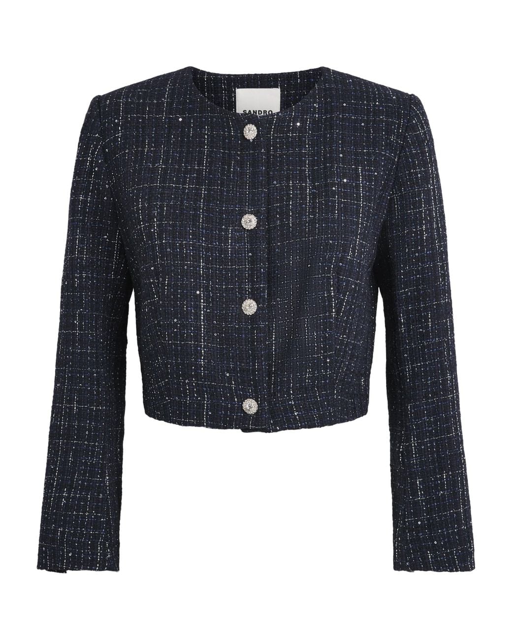 Sandro Blue Tweed Sequinned Cropped Jacket
