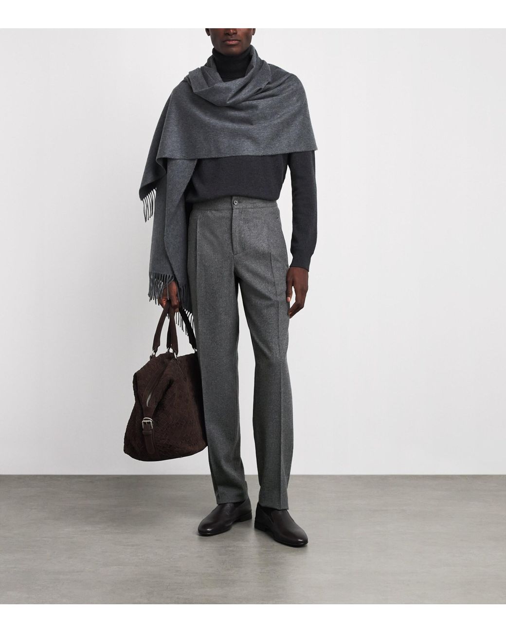 Isaia Gray Wool-Blend Comfort Slim Trousers for men