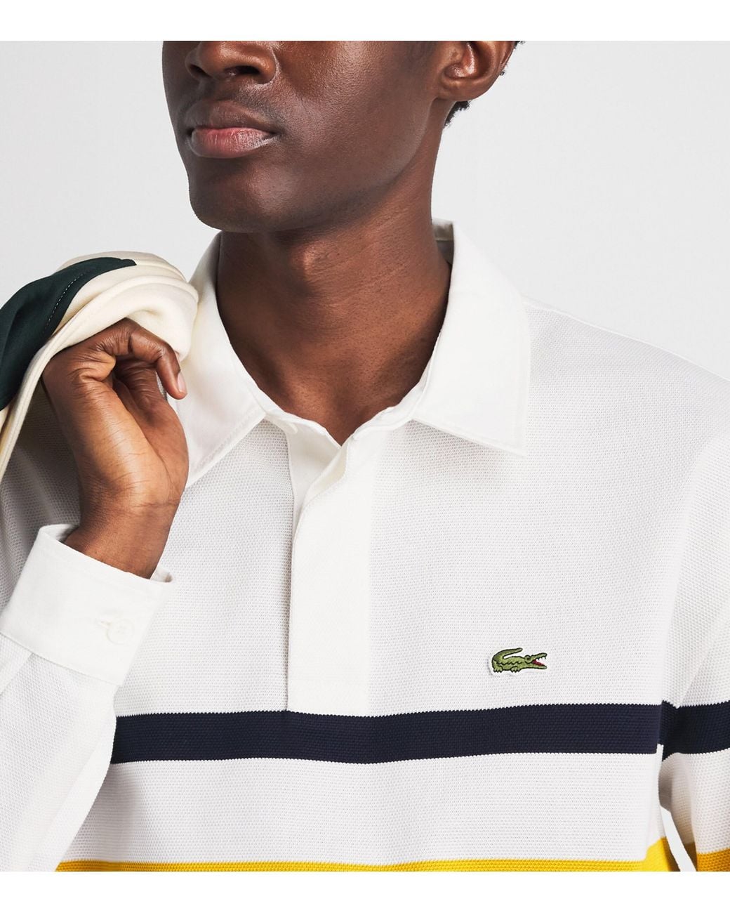 Lacoste White Cotton Stripe Rugby Polo Shirt for men