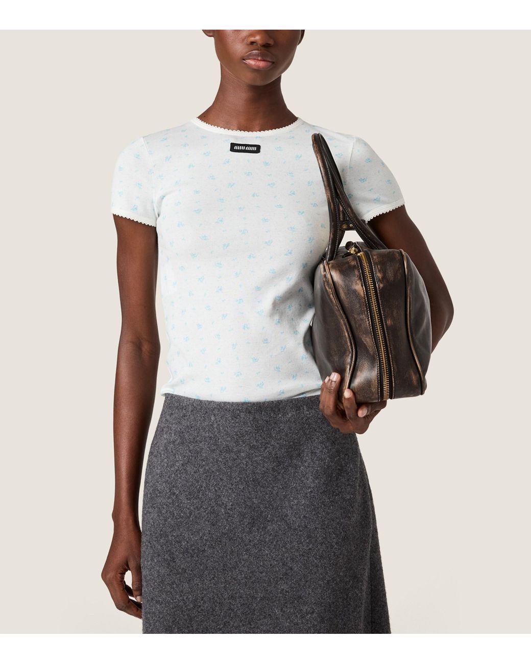 Miu Miu White Cotton Floral Logo T-Shirt