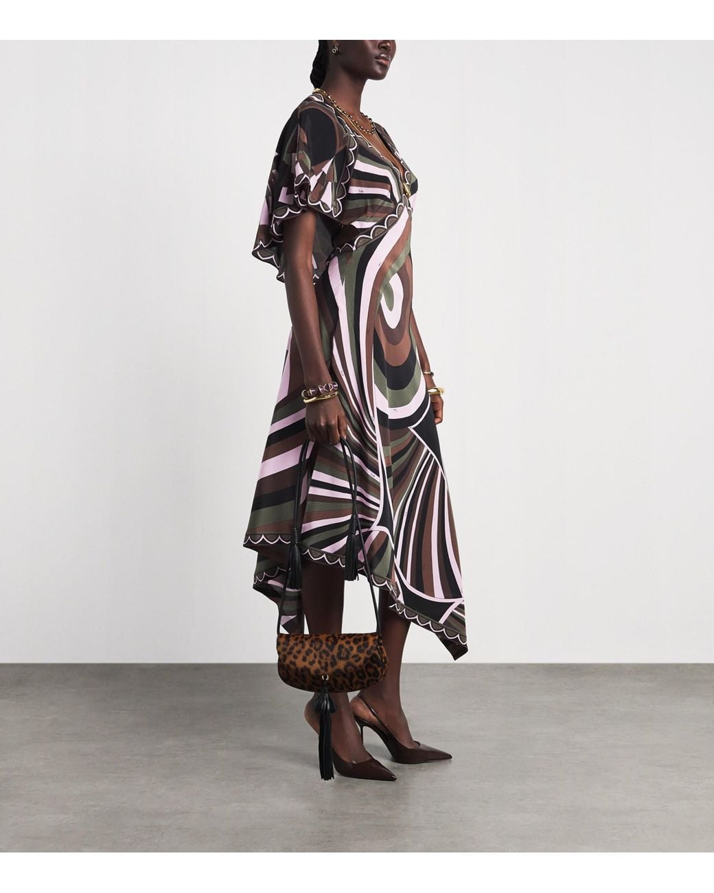 Emilio Pucci Green Silk Printed V-Neck Midi Dress