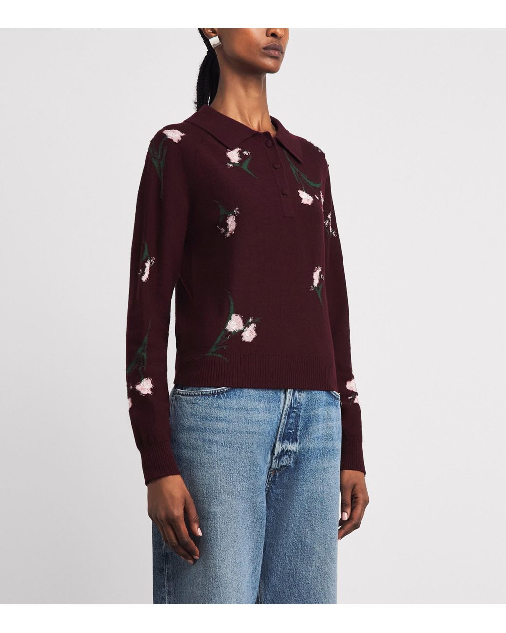 Erdem Red Merino Wool Floral Polo Sweater