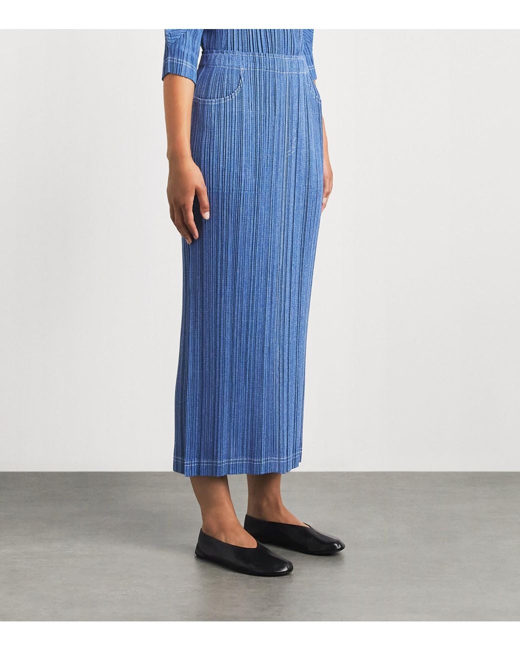 Pleats Please Issey Miyake Blue Cotton Denim Midi Skirt