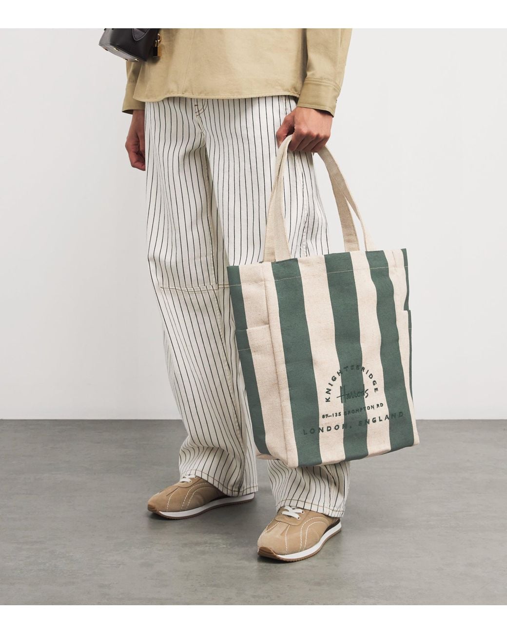 Harrods White Jute Striped Logo Shopper Tote Bag