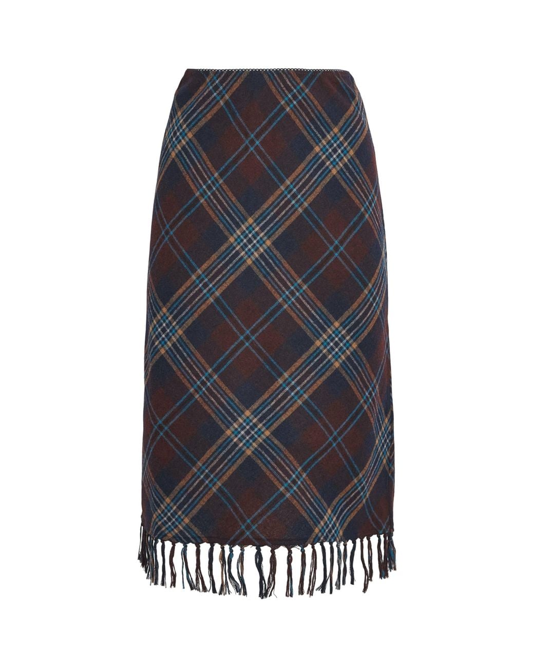 Doen Black Plaid Knotted-Fringe Elowette Midi Skirt