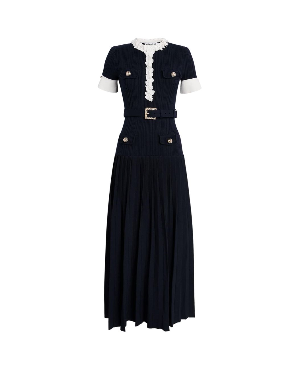 Self-Portrait Black Ribbed Ruffle-Detail Midi Dress