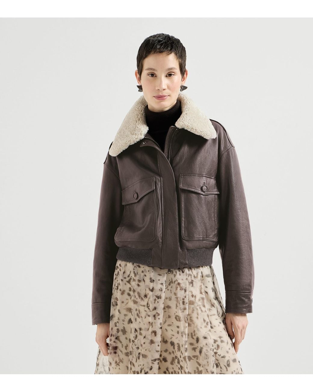 Brunello Cucinelli Brown Nappa Leather Shearling-Trim Aviator Jacket
