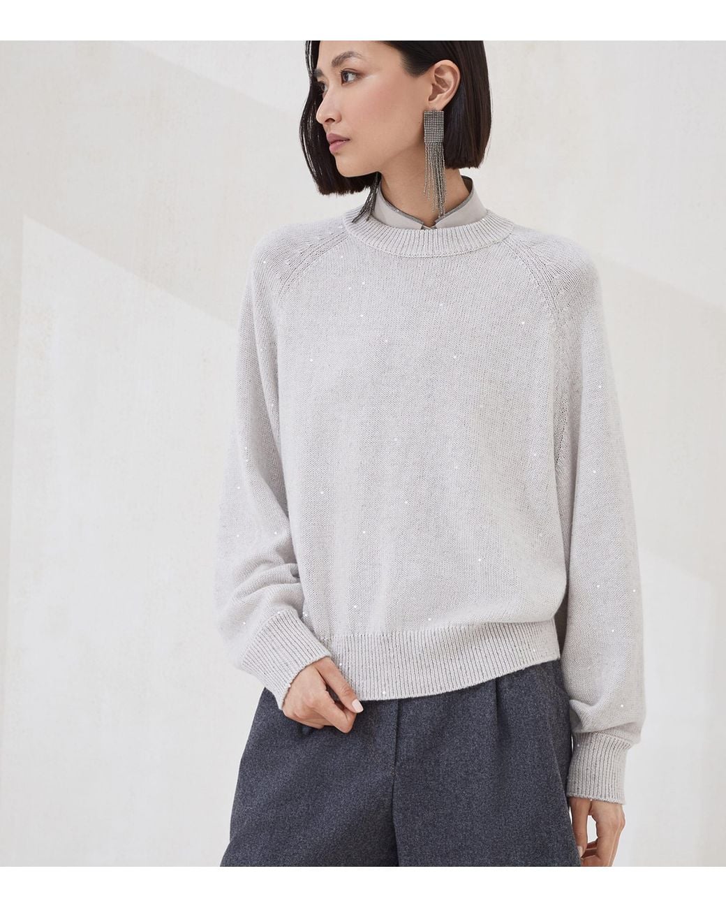 Brunello Cucinelli White Cashmere-Silk Diamond Yarn Sweater