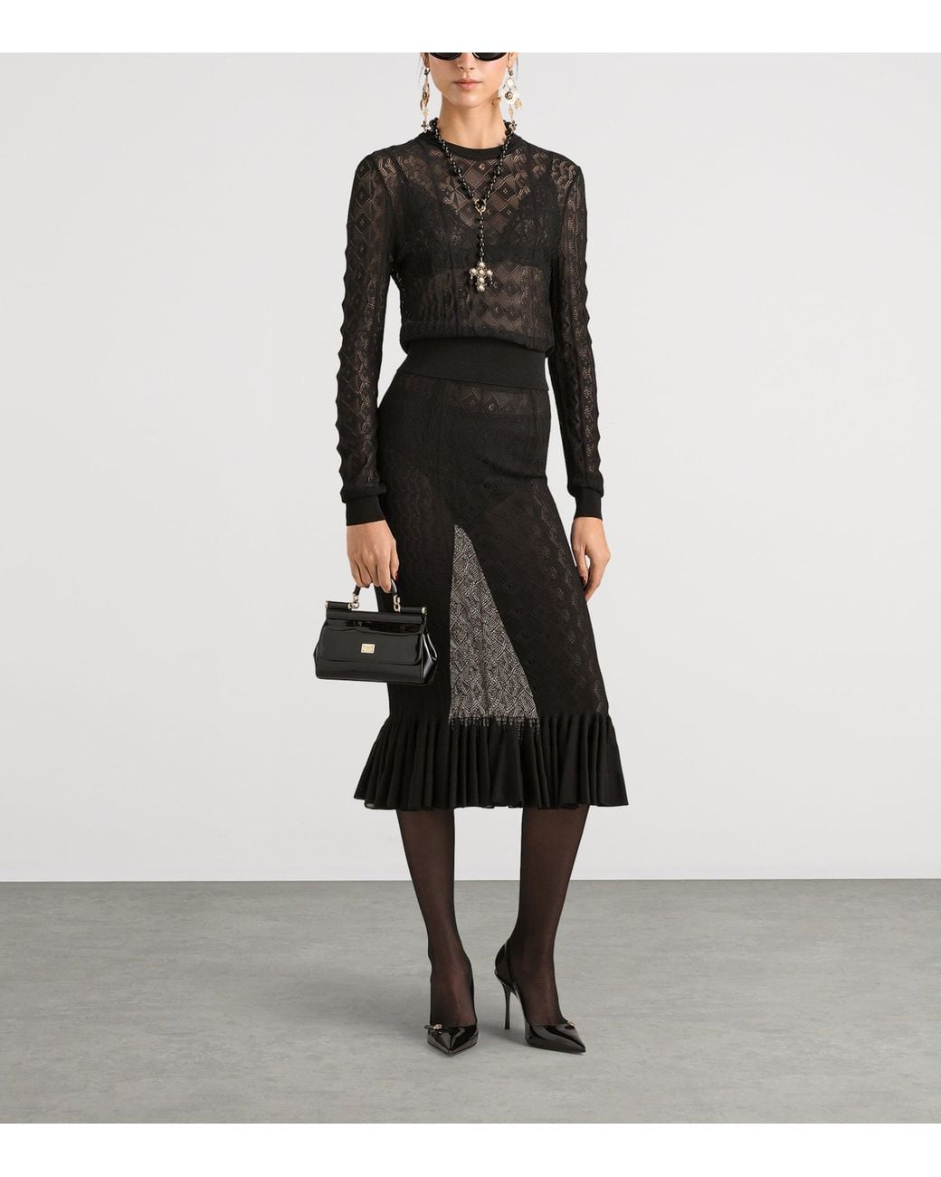 Dolce & Gabbana Black Pointelle-Knit Midi Skirt