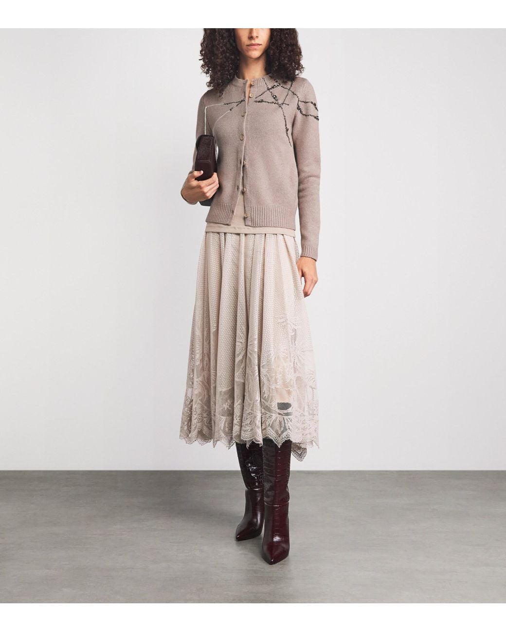Fabiana Filippi Brown Wool-Silk-Cashmere Embellished Cardigan