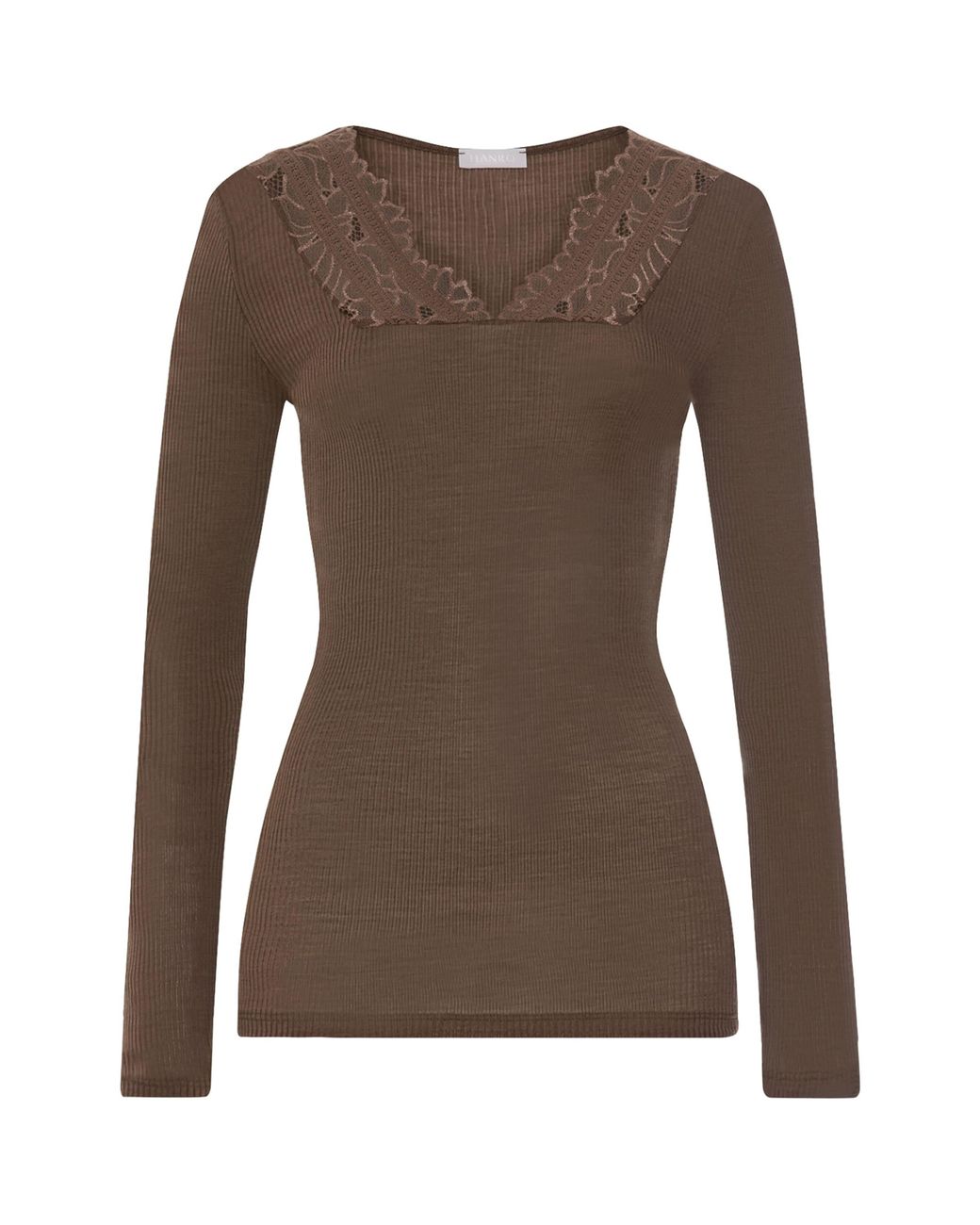 Hanro Brown Wool-Silk Lace-V-Neck Top