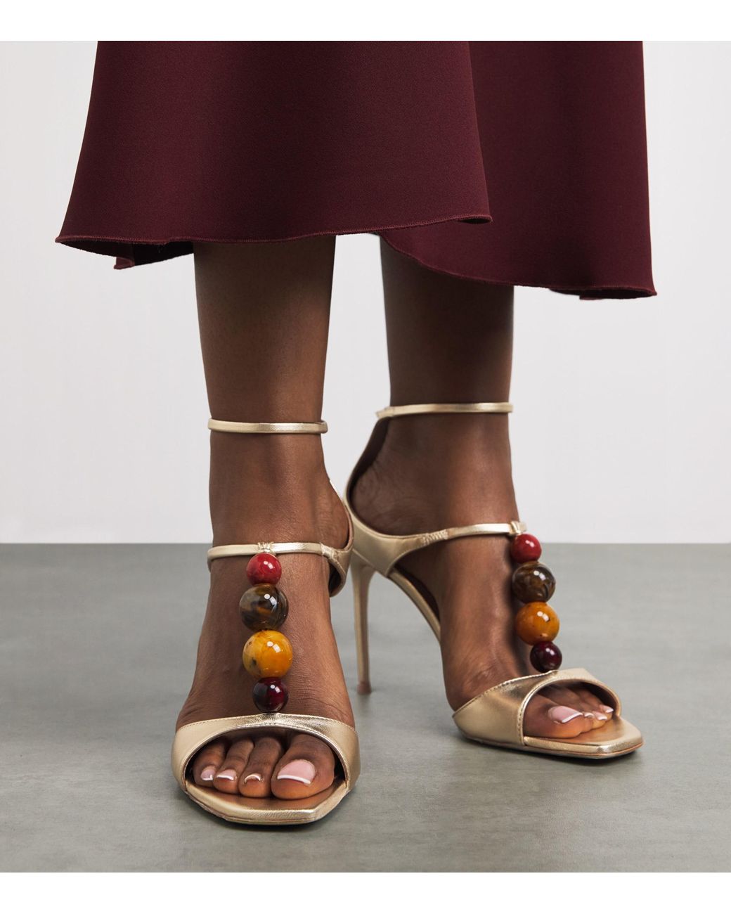 Malone Souliers Natural Metallic Leather Beaded Leia Sandals 90