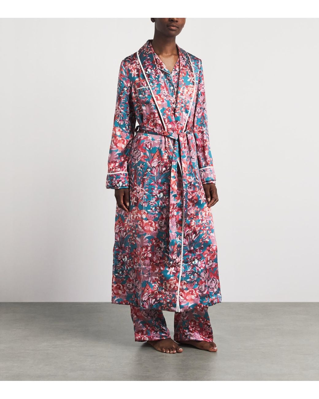Derek Rose Red Silk Floral Night Robe