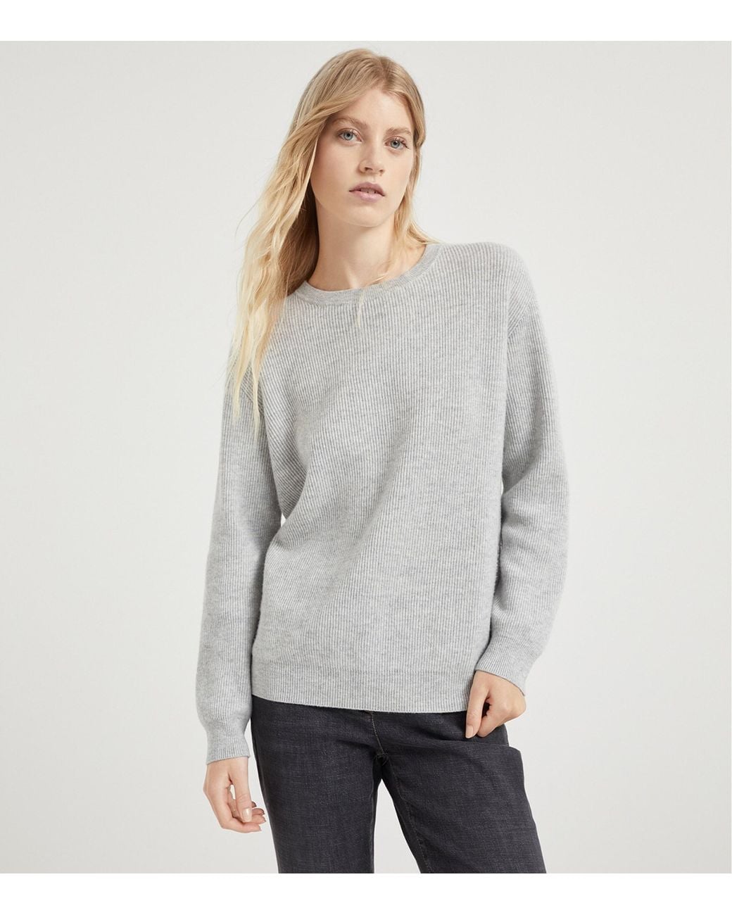 Brunello Cucinelli Gray Cashmere Monili-Trim Sweater