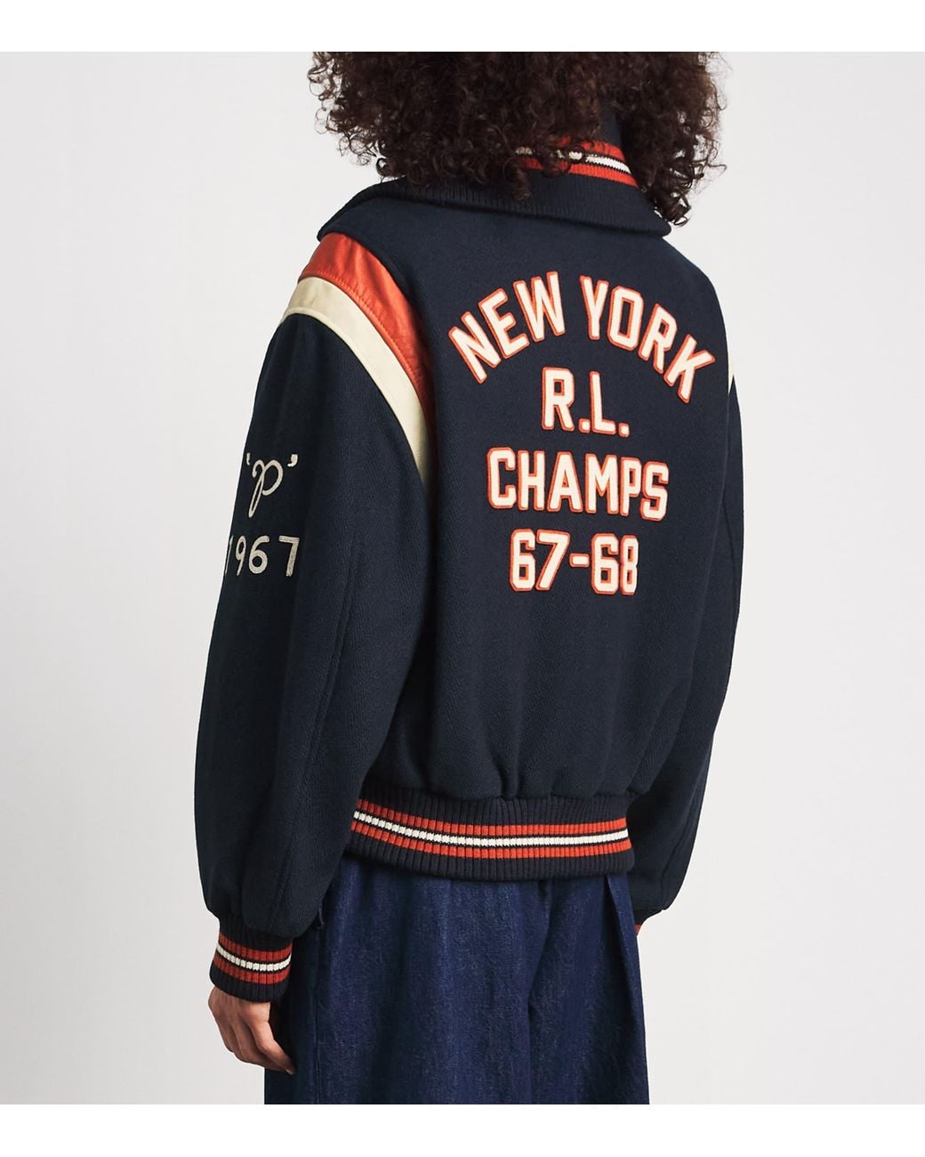 Polo Ralph Lauren Blue Wool-Blend Patchwork Bomber Jacket