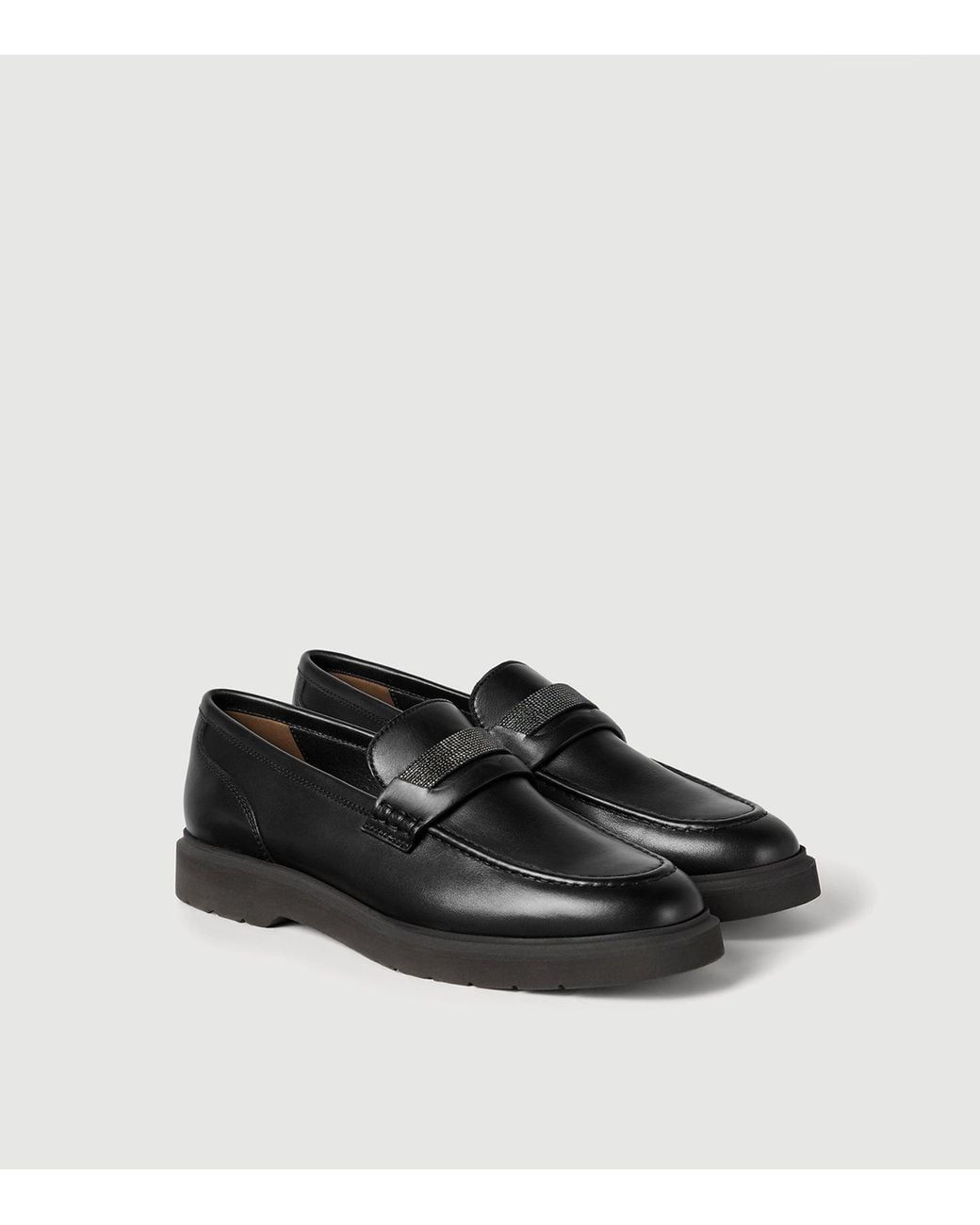 Brunello Cucinelli Black Leather Monili-Detail Penny Loafers