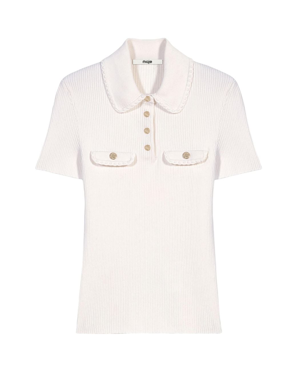 Maje White Ribbed Polo Shirt