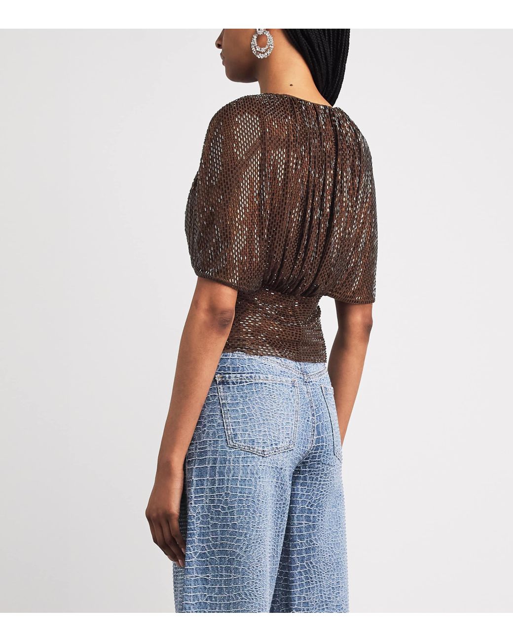 Self-Portrait Brown Embellished Cape-Sleeve Blouse