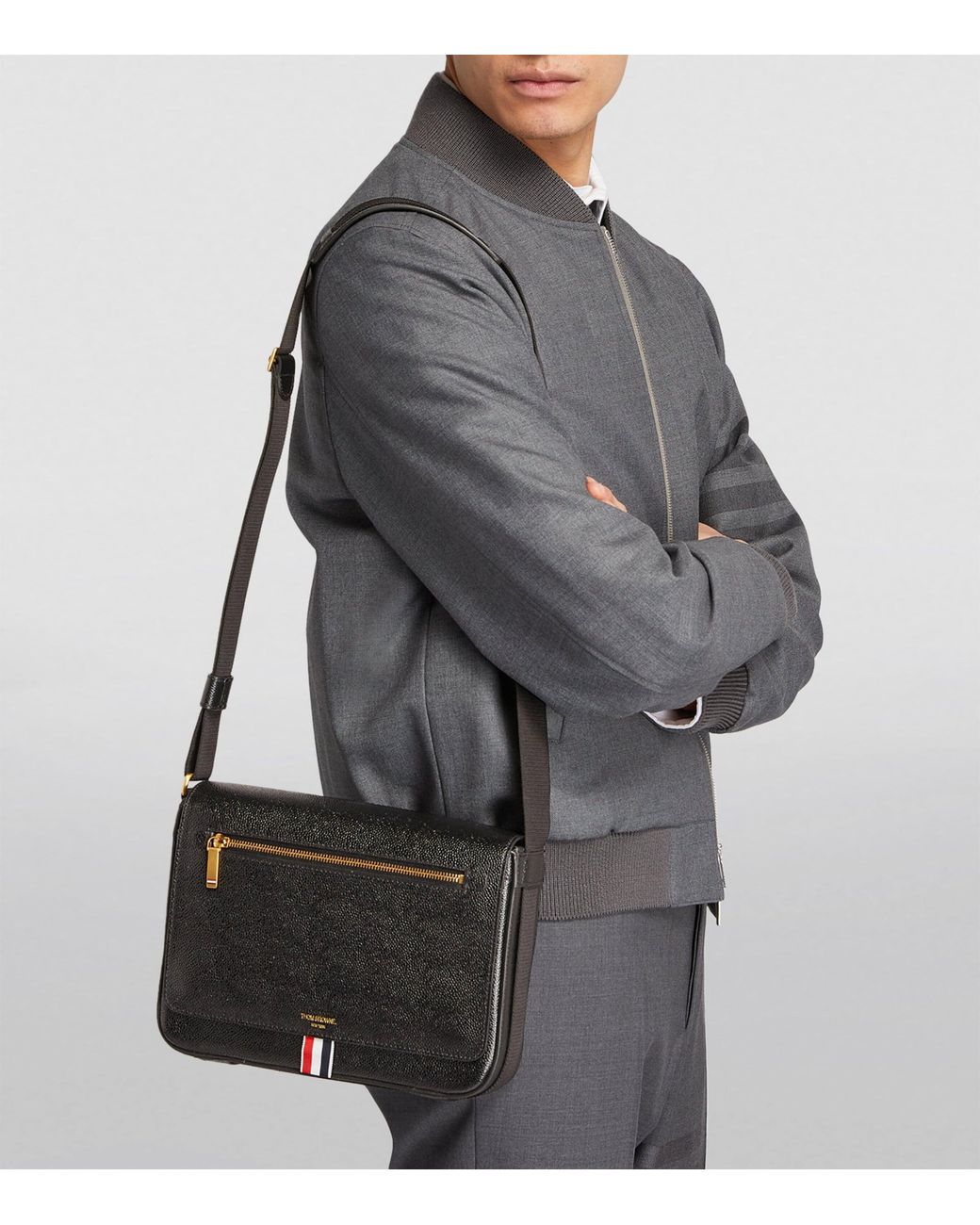 Thom Browne Black Pebbled Leather Reporter Bag for men